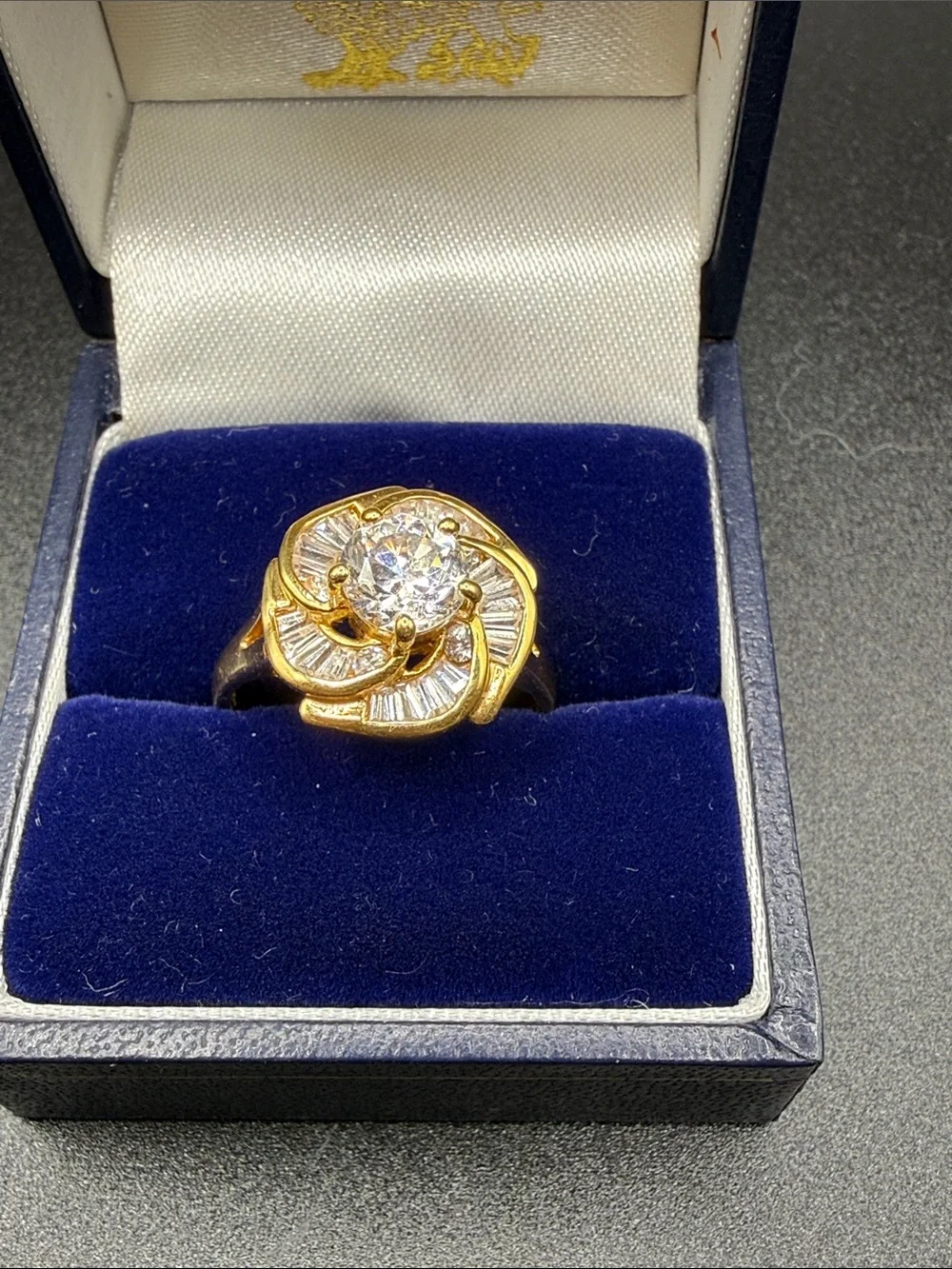 Gold-Tone Floral Cluster Ring with Clear Center Stone Women Jewelry